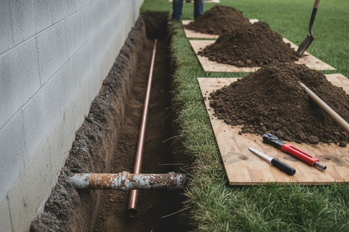 Excavated water line trench during Sewer Line Repair in Marsteller